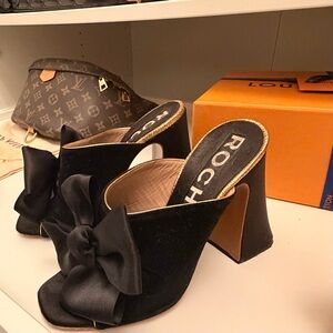 Rochas Black and Gold Mules with Bow Accent
